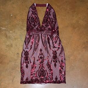 Plunge Neck Burgundy Sequin Sheath Dress